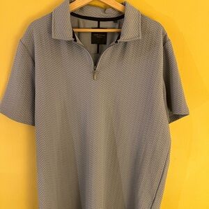 Guide London Men’s Gray Short Sleeve Polo Zipper, Herringbone Pattern Large